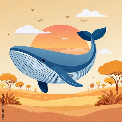 A cartoon blue whale floats in a vibrant orange sunset sky above a stylized savanna landscape with sparse trees and flying birds.