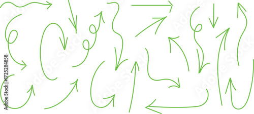 Diverse set of handdrawn green arrows isolated on a white background, showcasing various directions, curves, and styles for navigation and indication in graphic design