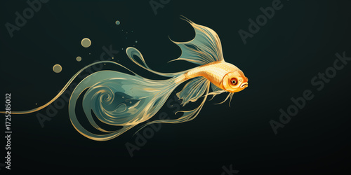 Elegant golden fish swims gracefully through ethereal teal and gold swirling waters, capturing serene aquatic beauty and dynamic movement.