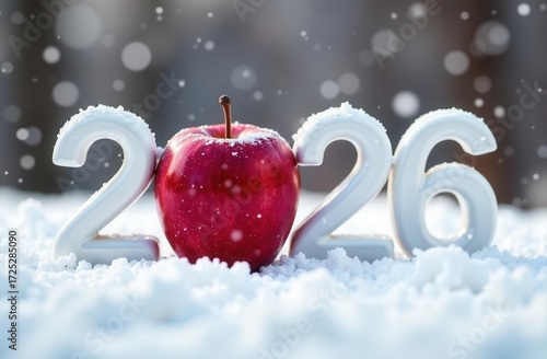 white numbers 2026 with red apple instead of 0 on a snowy background	