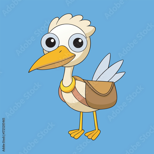 Cartoon stork wearing a satchel against a blue background in a vector art