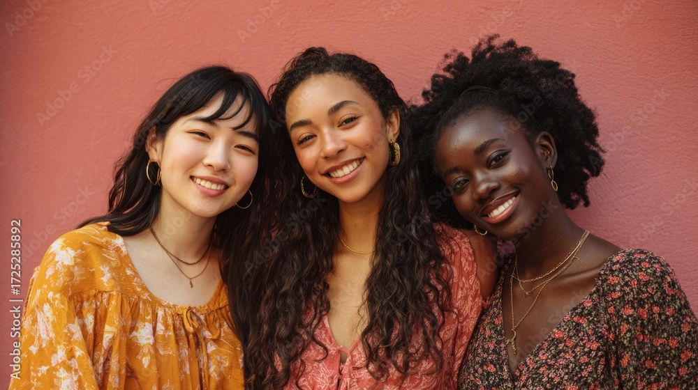 Obraz premium Three young women of diverse backgrounds are smiling together in front of a colorful pink wall, celebrating friendship and unity in a lively setting