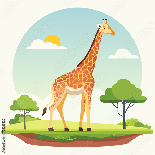 A cartoon illustration of a tall giraffe standing in a sunny savanna landscape with green trees and a blue sky.
