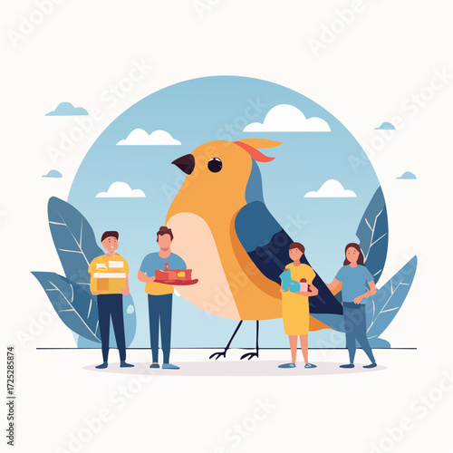 People celebrating with a giant bird, holding gifts, cake, and a baby, in a flat illustration style.