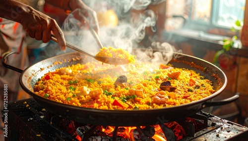 Paella being cooked in a large pan over an open fire.