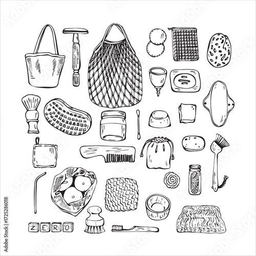 Zero Waste Hand drawn Collection of reusable items: wooden toothbrush, comb, eco grocery bags, glass jars, cloths napkins, metal straw, menstrual cup, pads, razor, soap, shampoo