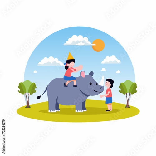 A cheerful girl rides a friendly rhinoceros while a boy watches in a sunny outdoor park.