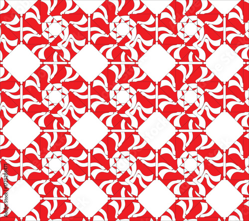 "Red pinwheel pattern with white curved accents in a symmetrical grid. Seamless vector design ideal for festive prints, tiles, wallpapers, and dynamic abstract backgrounds."