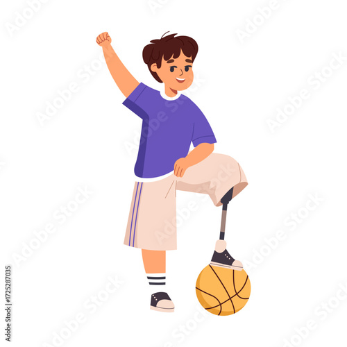 Boy basketball player with bionic leg. Adaptive or inclusive sports. Kid with disabilities. Child with prosthetic leg play basketball. Cartoon character with disability vector isolated illustration.