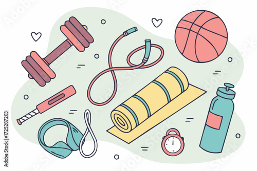 A colorful flat lay vector illustration of fitness and gym equipment including dumbbells, kettlebell, yoga mats, skipping rope, resistance band, foam roller, protein bar, shaker bottle, water bottle, 