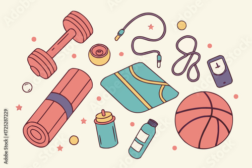 A colorful flat lay vector illustration of fitness and gym equipment including dumbbells, kettlebell, yoga mats, skipping rope, resistance band, foam roller, protein bar, shaker bottle, water bottle, 