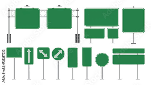 A collection of green highway road signs arranged on a white background. 