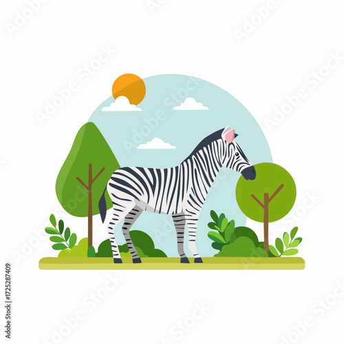 A flat design illustration of a zebra standing in a sunny natural landscape with trees and bushes.