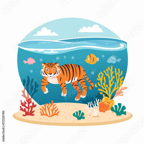 Cartoon illustration of a tiger swimming gracefully underwater with colorful fish and coral reefs in a vibrant ocean scene.