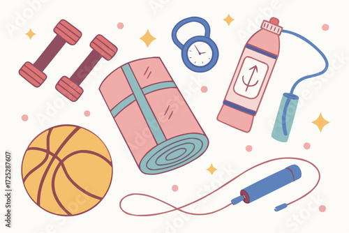 A colorful flat lay vector illustration of fitness and gym equipment including dumbbells, kettlebell, yoga mats, skipping rope, resistance band, foam roller, protein bar, shaker bottle, water bottle, 