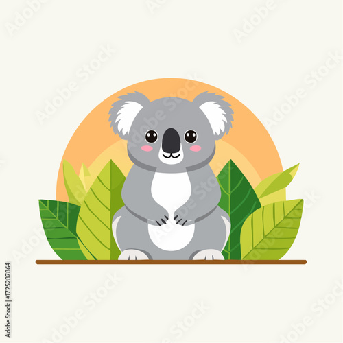 A charming cartoon illustration of a cute koala sitting peacefully on a branch surrounded by green leaves with a warm sunset glow in the background.
