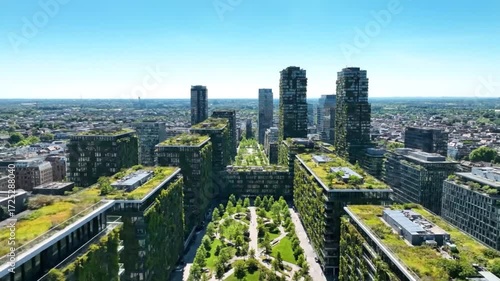 An aerial view of a modern cityscape featuring buildings adorned with lush greenery and rooftop gardens, showcasing sustainable urban design and a harmonious blend of nature