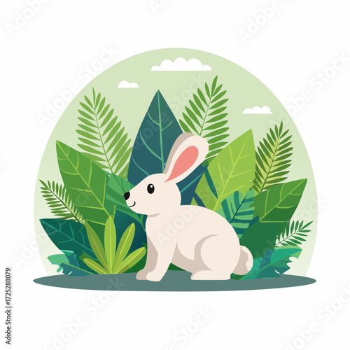 A cute white rabbit sitting peacefully among lush green tropical leaves and foliage in a natural setting.