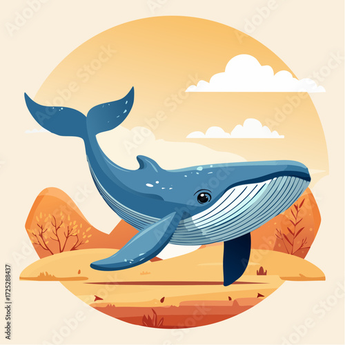 A vibrant illustration of a blue whale gracefully swimming in a desert landscape under a warm sun.
