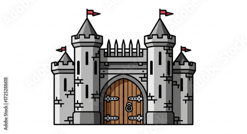 A majestic castle illustration, featuring towers, gate, and flags, evoking a sense of medieval architecture and fairy tales