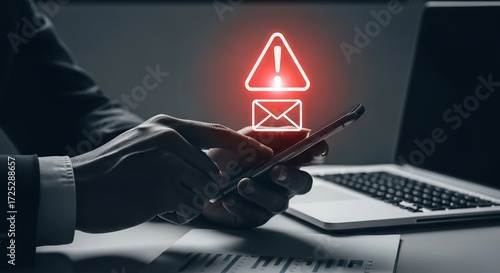 Digital Alert: A person, cloaked in shadow, holds a smartphone with a glowing red alert emblem superimposed, communicating the perils of data intrusion or dangerous online threats.