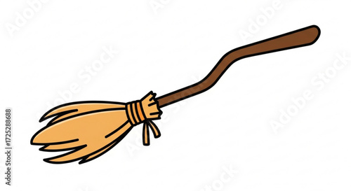 A simple broom with a wooden handle and straw bristles, , perfect for cleaning or a witchs magical flight