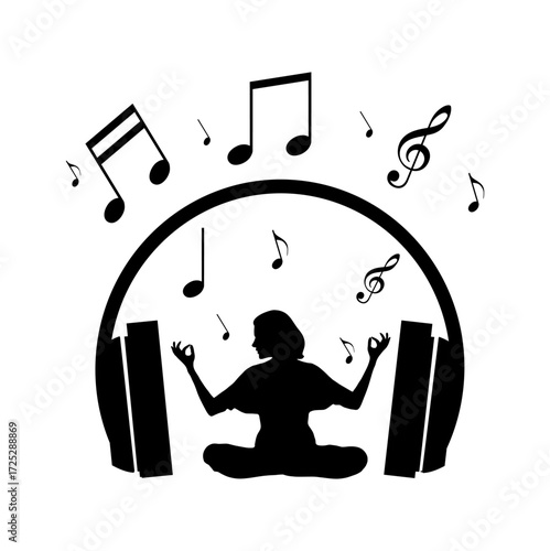 Vector illustration of person meditating calmly with headphones on abstract head outline icon