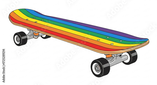 A vibrant skateboard with a rainbow design, , representing freedom, expression, and the joy of skateboarding culture