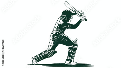 A dark green silhouette illustration of a cricket batsman in mid-swing position.