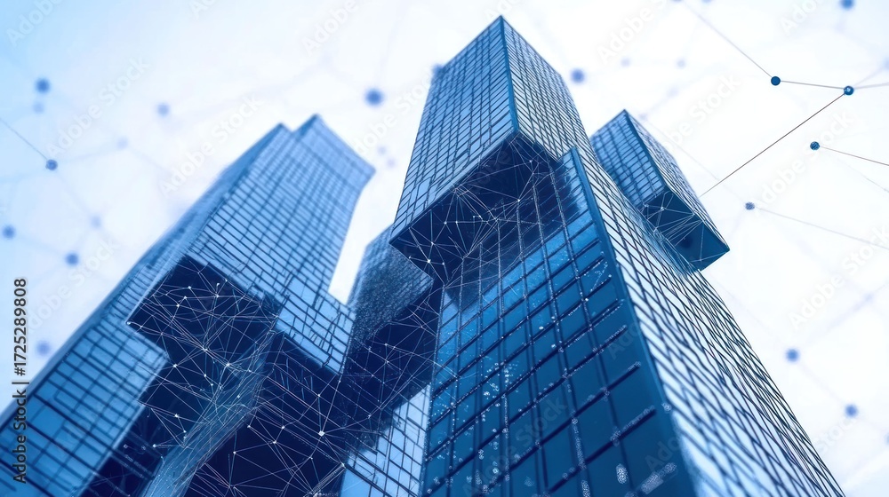 Fototapeta premium Modern Skyscrapers: Networked Cityscape, Digital Architecture, Global Connectivity