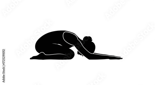 Silhouette of a woman in childs pose, , a calming yoga posture promoting relaxation and flexibility for wellness