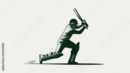 A dark green silhouette illustration of a cricket batsman in mid-swing position. 