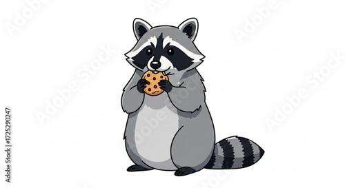 A delightful cartoon raccoon enjoying a cookie, , capturing a moment of simple pleasure and playful charm