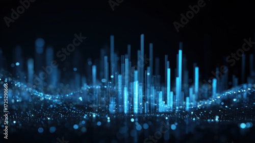 Abstract blue glowing cityscape with blurred background and dark foreground.