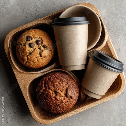 Enjoy delicious chocolate chip and plain muffins with to go coffee cups perfect for a quick breakfast or snack.