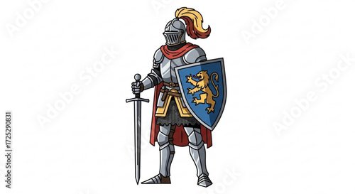Brave knight in shining armor with sword and shield, ready for battle and adventure