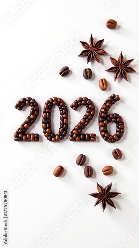 numbers 2026 made from coffee beans on a white background	
