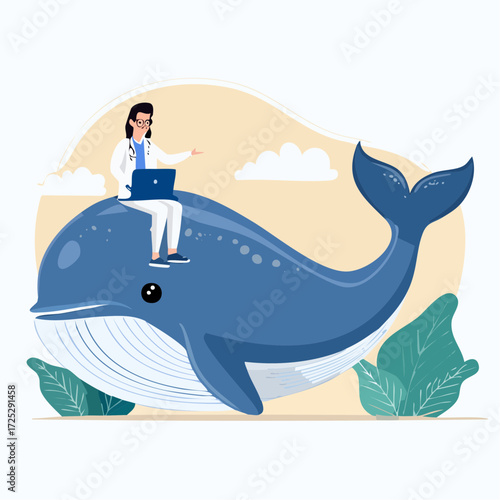 A doctor is sitting on a blue whale, working on a laptop, pointing to the side.