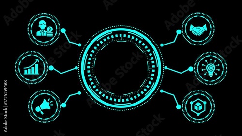 Futuristic interface concept with business icons and glowing neon circles on a black background, representing modern technology and innovation in the corporate world