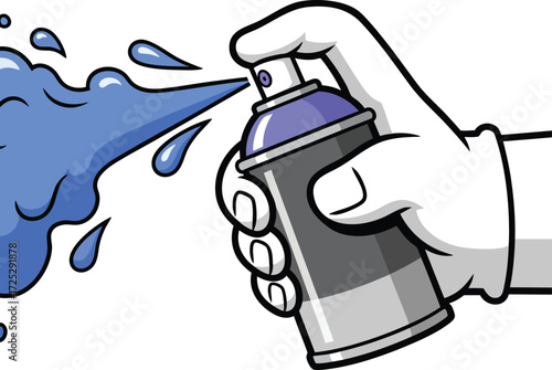 A hand holding a spray can, spraying blue paint, creating a dynamic and urban art scene with a focus on graffiti and street art