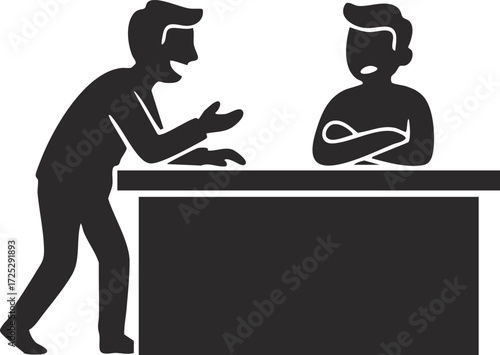 Business meeting between two men sitting at a desk discussing work professional conversation