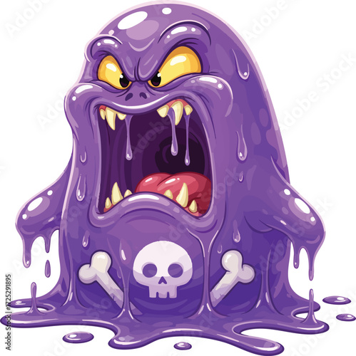 A menacing cartoon illustration of a purple slime monster with sharp teeth and a skull emblem, this creature is ready to cause chaos and destruction