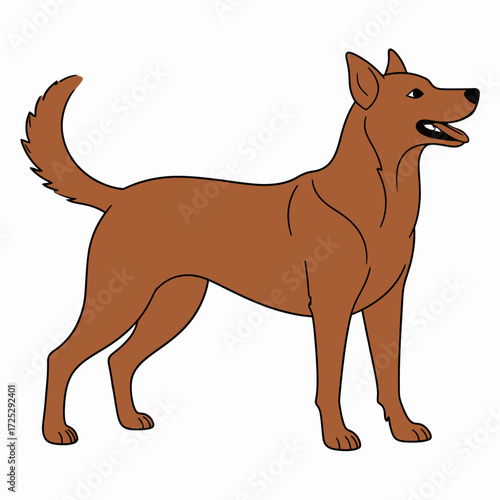 Clean flat vector illustration of a brown dog standing in profile with an alert expression and wagging tail. Minimal detail graphic of a domestic canine