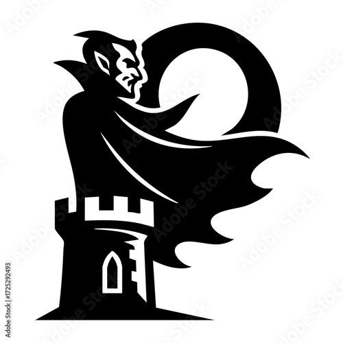 Black and white Dracula silhouette standing on a castle tower under the moon
