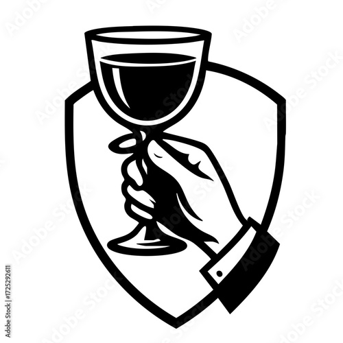Minimalist emblem logo of Dracula’s hand holding a goblet of blood