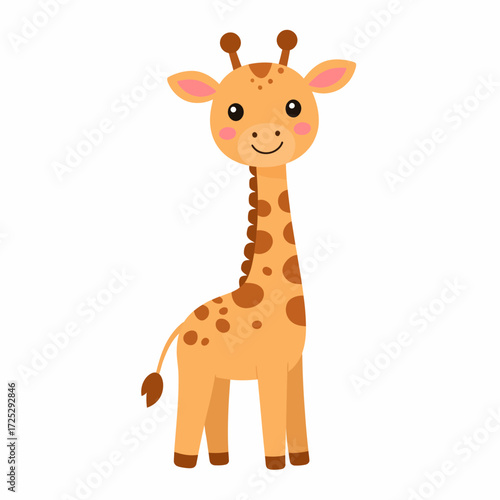 Adorable happy cartoon giraffe with a long neck and simple spots. Cute smiling baby safari animal character isolated on a white background