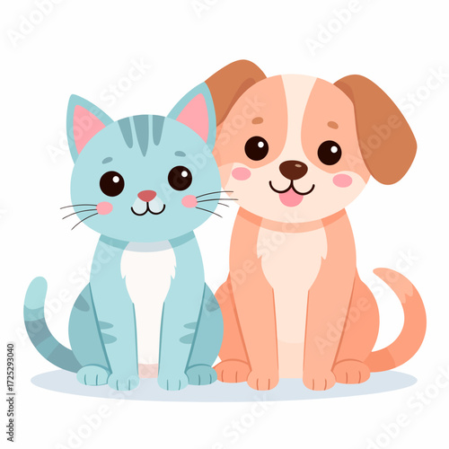 Charming illustration of a kawaii puppy and a pastel blue kitten sitting as best friends, both with big round eyes and happy, playful expressions