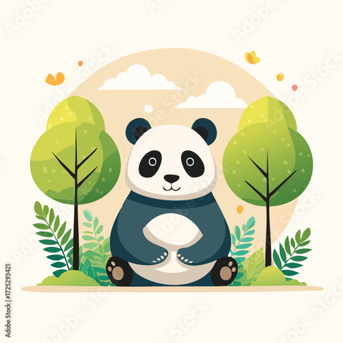 A cute cartoon panda sitting peacefully amidst lush greenery and trees, enjoying the serene outdoors.