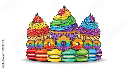 A vibrant and colorful illustration featuring a delightful assortment of rainbowthemed desserts, including cupcakes, donuts, and macarons