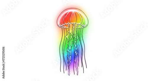 A vibrant rainbow jellyfish gracefully glides through the water, its tentacles trailing behind it, a mesmerizing dance of color